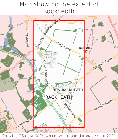 Map showing extent of Rackheath as bounding box