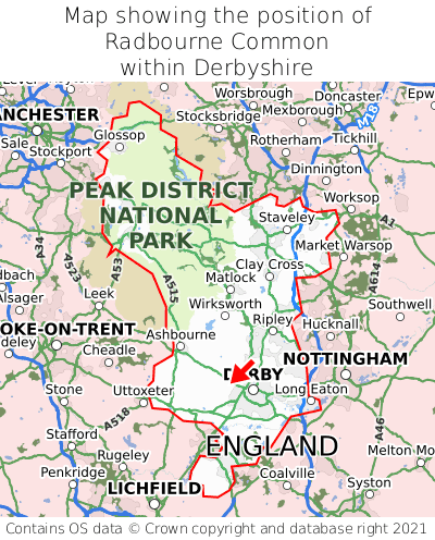 Map showing location of Radbourne Common within Derbyshire