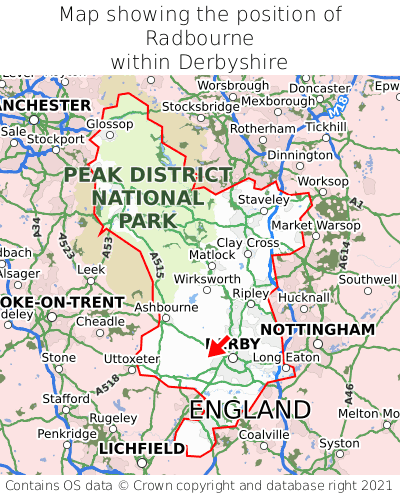 Map showing location of Radbourne within Derbyshire