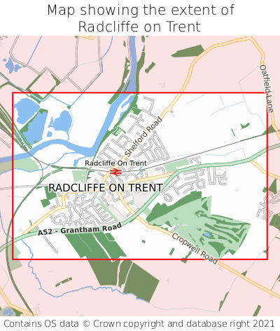 Map showing extent of Radcliffe on Trent as bounding box