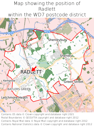 Map showing location of Radlett within WD7