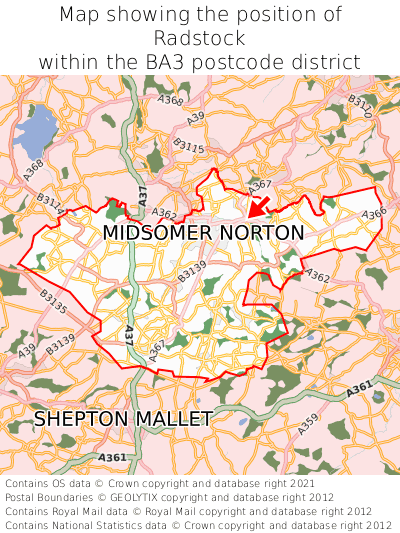 Map showing location of Radstock within BA3