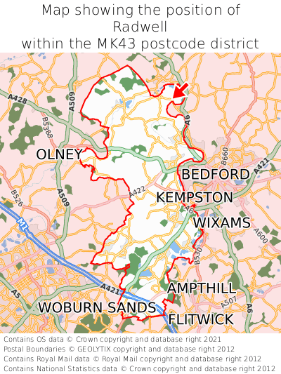 Map showing location of Radwell within MK43