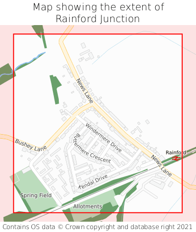 Map showing extent of Rainford Junction as bounding box