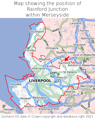 Map showing location of Rainford Junction within Merseyside