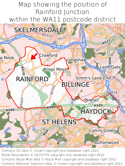 Map showing location of Rainford Junction within WA11