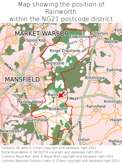 Map showing location of Rainworth within NG21