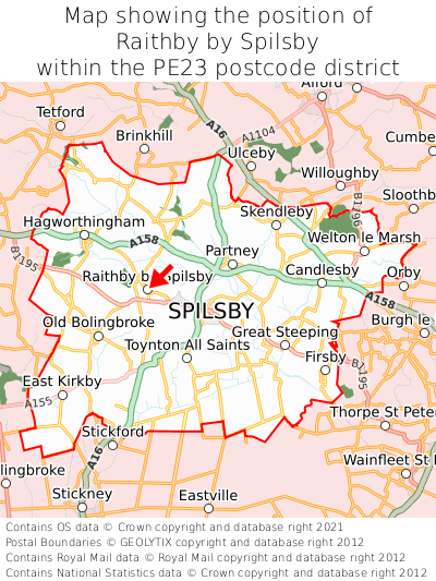 Map showing location of Raithby by Spilsby within PE23