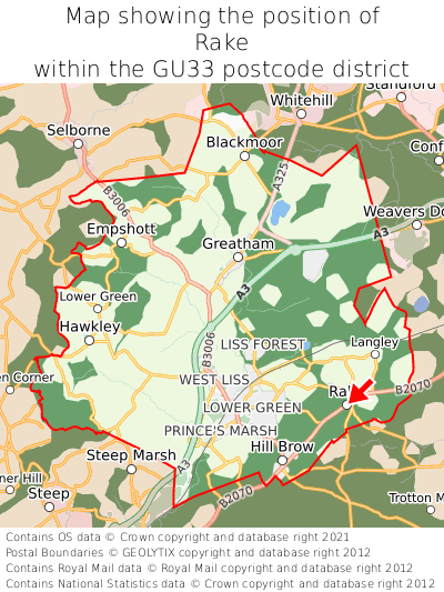 Map showing location of Rake within GU33