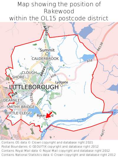 Map showing location of Rakewood within OL15