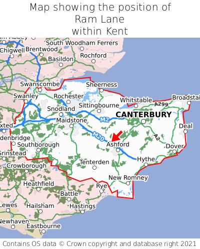 Map showing location of Ram Lane within Kent