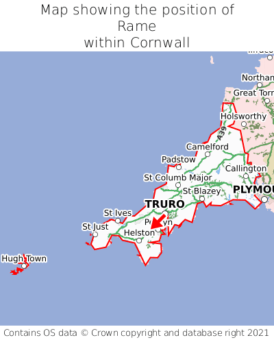 Map showing location of Rame within Cornwall