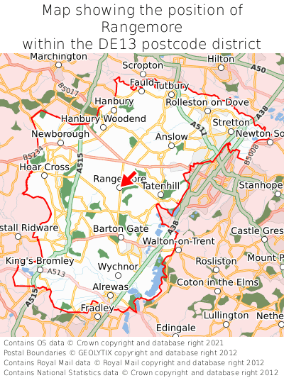 Map showing location of Rangemore within DE13