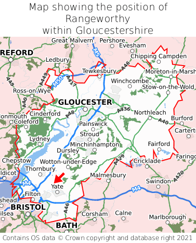 Map showing location of Rangeworthy within Gloucestershire