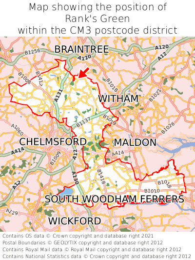 Map showing location of Rank's Green within CM3