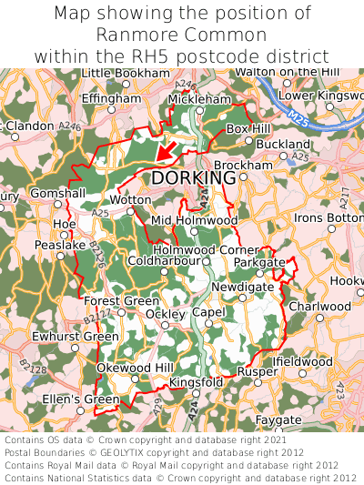 Map showing location of Ranmore Common within RH5