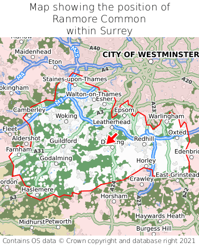 Map showing location of Ranmore Common within Surrey