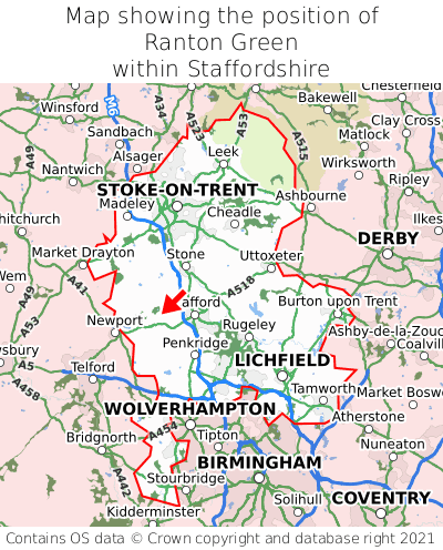 Map showing location of Ranton Green within Staffordshire
