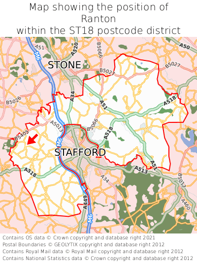 Map showing location of Ranton within ST18