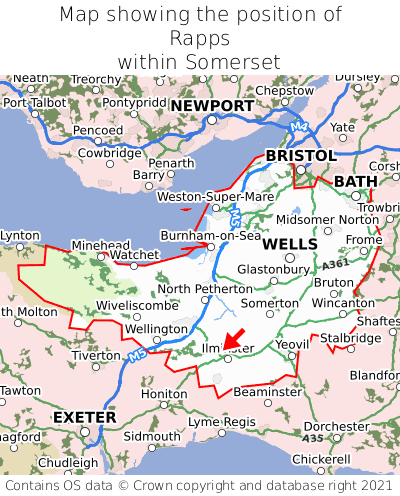 Map showing location of Rapps within Somerset