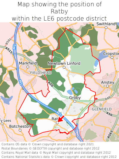 Map showing location of Ratby within LE6