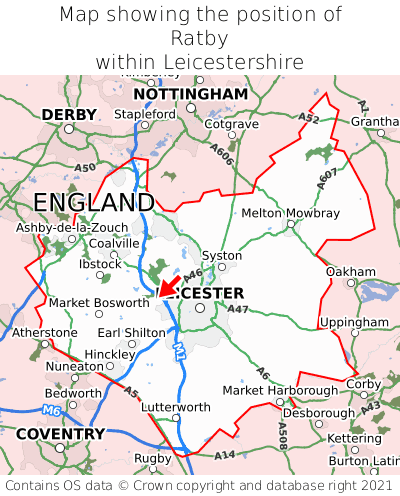 Map showing location of Ratby within Leicestershire