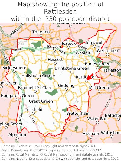 Map showing location of Rattlesden within IP30