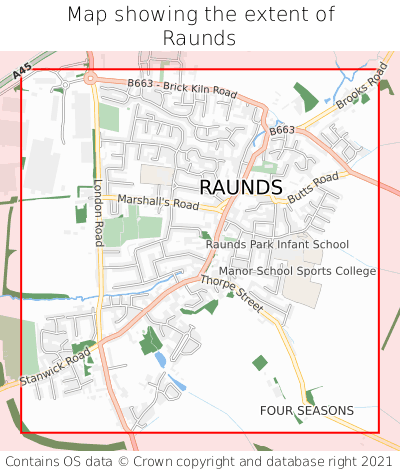 Map showing extent of Raunds as bounding box