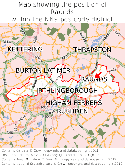 Map showing location of Raunds within NN9