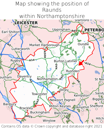 Map showing location of Raunds within Northamptonshire