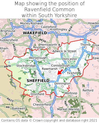 Map showing location of Ravenfield Common within South Yorkshire