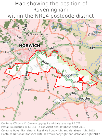 Map showing location of Raveningham within NR14
