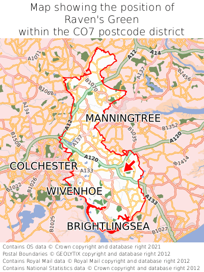 Map showing location of Raven's Green within CO7