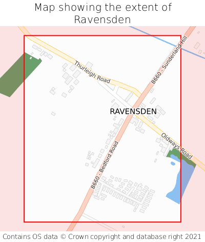 Map showing extent of Ravensden as bounding box