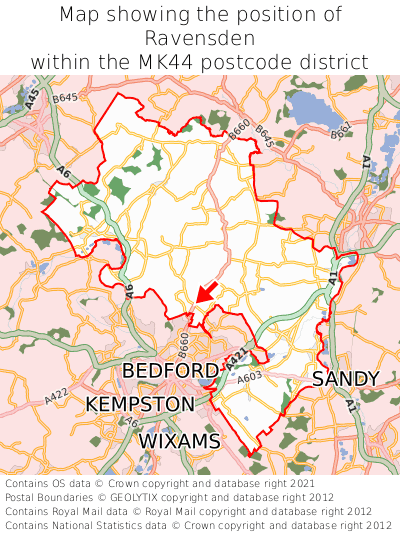 Map showing location of Ravensden within MK44