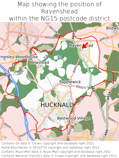 Map showing location of Ravenshead within NG15