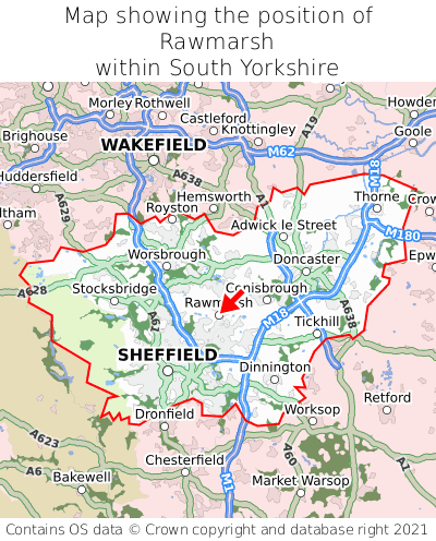 Map showing location of Rawmarsh within South Yorkshire