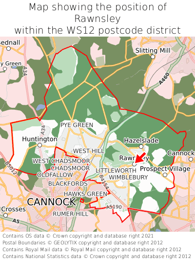 Map showing location of Rawnsley within WS12