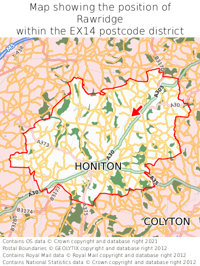 Map showing location of Rawridge within EX14