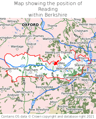 Map showing location of Reading within Berkshire