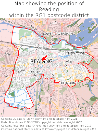 Map showing location of Reading within RG1