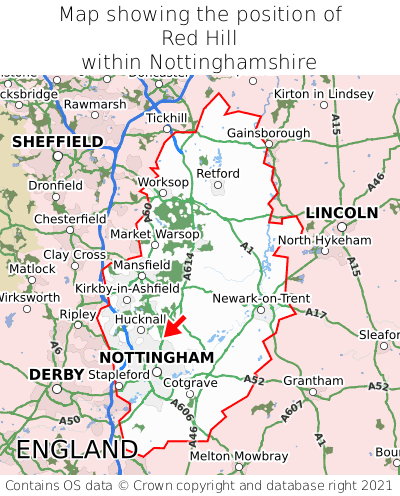 Map showing location of Red Hill within Nottinghamshire