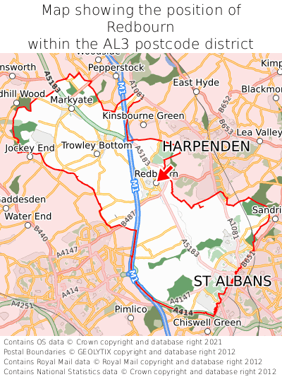 Map showing location of Redbourn within AL3