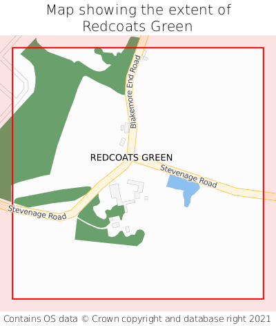 Map showing extent of Redcoats Green as bounding box