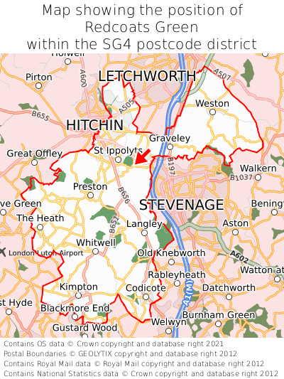 Map showing location of Redcoats Green within SG4