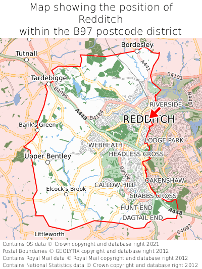 Map showing location of Redditch within B97