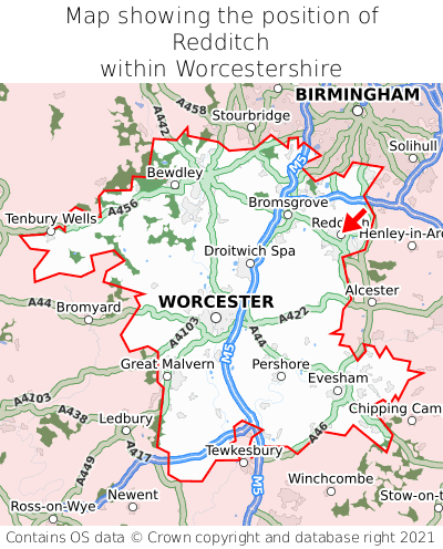 Map showing location of Redditch within Worcestershire