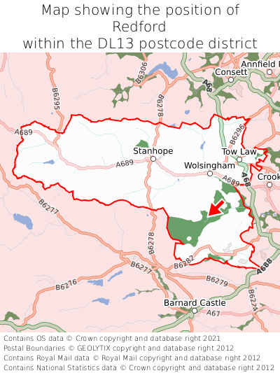 Map showing location of Redford within DL13