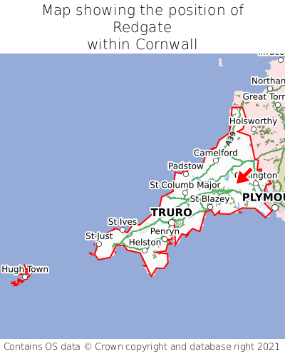 Map showing location of Redgate within Cornwall