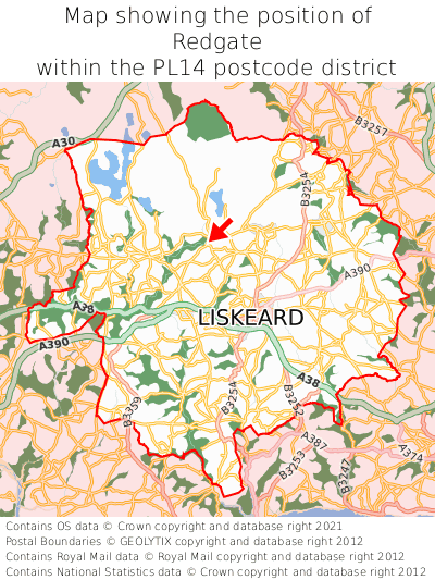Map showing location of Redgate within PL14